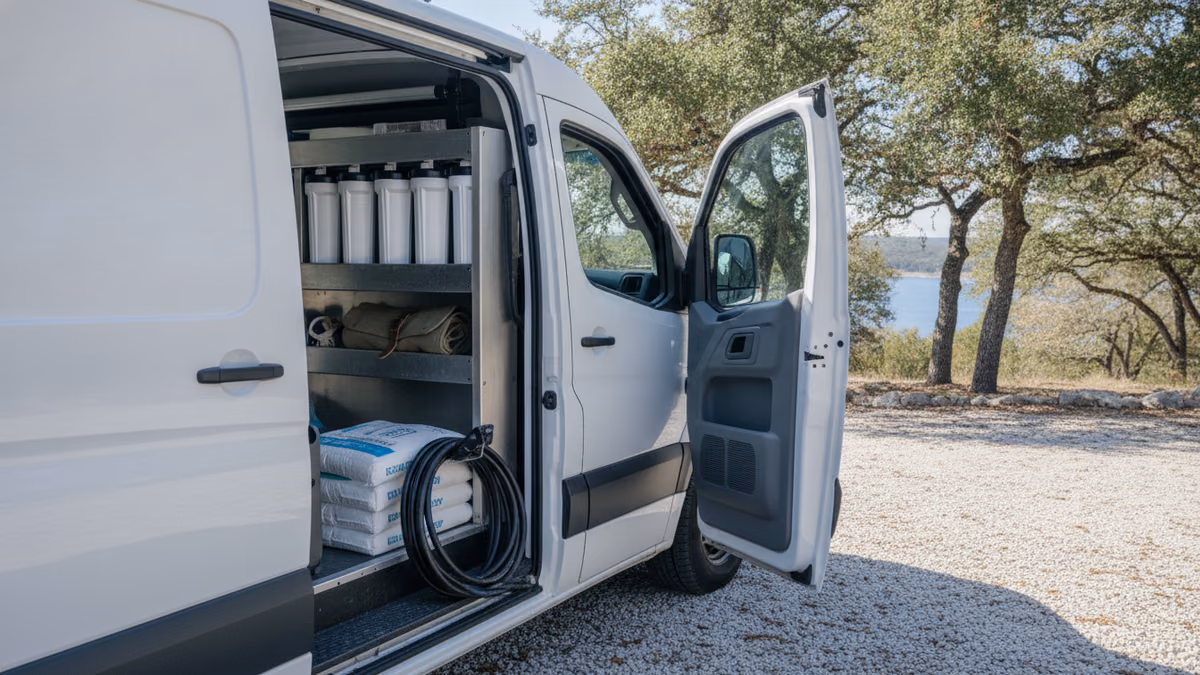 Service van interior with neatly racked filter cartridges and softener salt bags