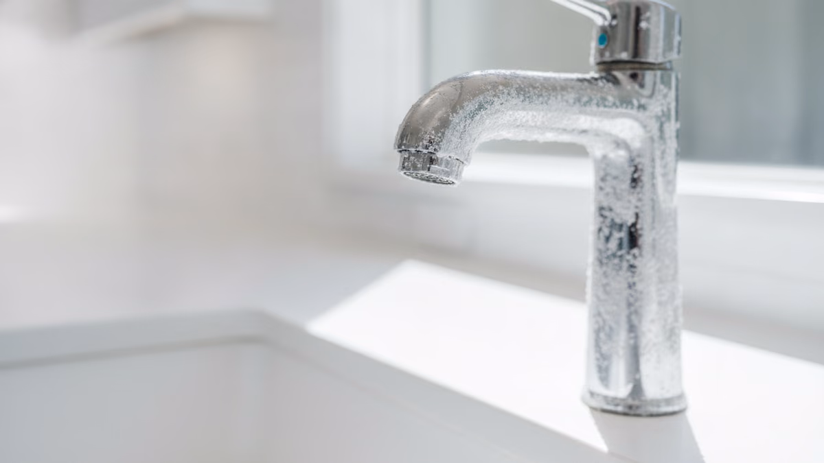 Chrome faucet base with white mineral crust in raking side light