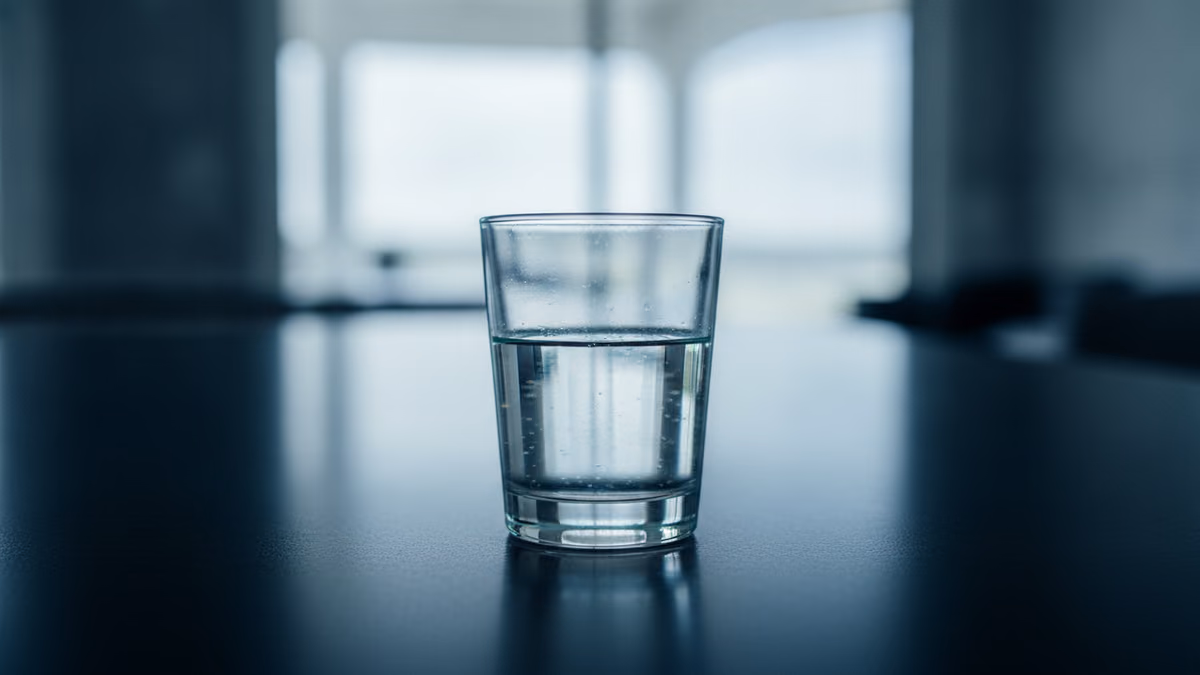 Single glass of clear water back-lit on a dark kitchen counter