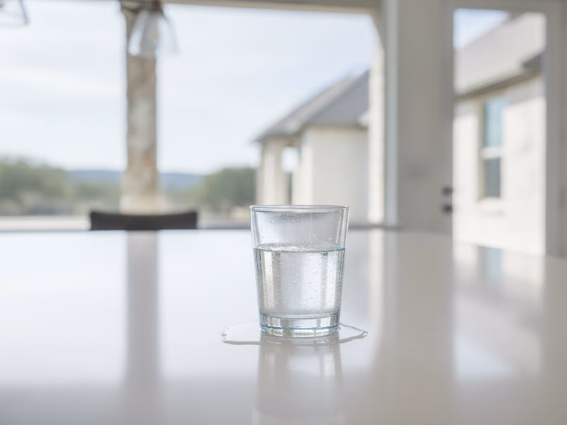 Clear glass of tap water on a counter with a faint pool-blue cast