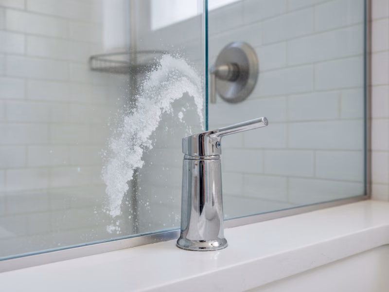 Chrome faucet base and glass shower door with white mineral scale and water spots