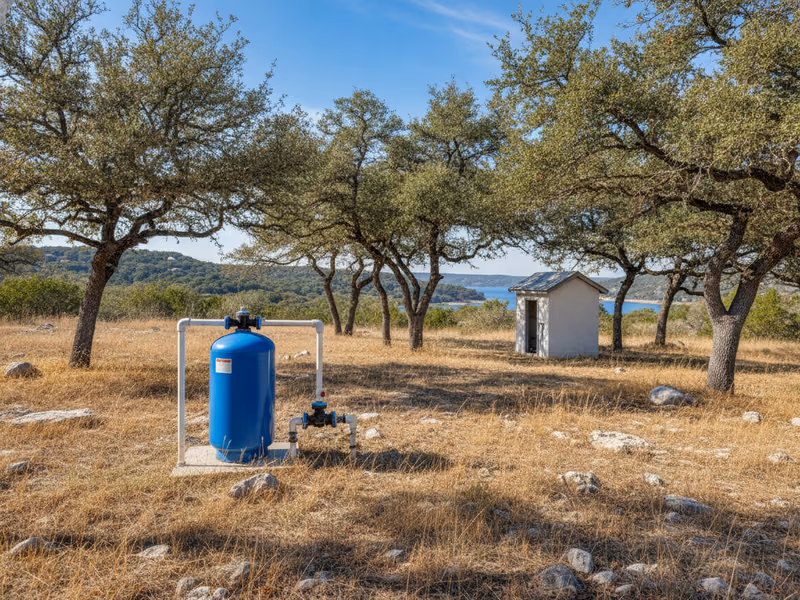 Residential well head and pressure tank in a Hill Country yard under a big sky