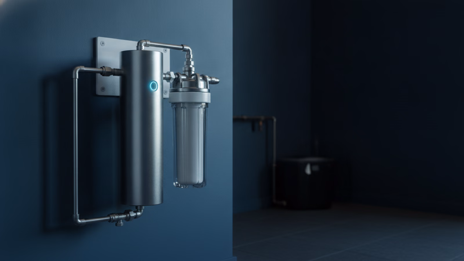 Stainless UV purification chamber on a wall manifold with a faint blue glow