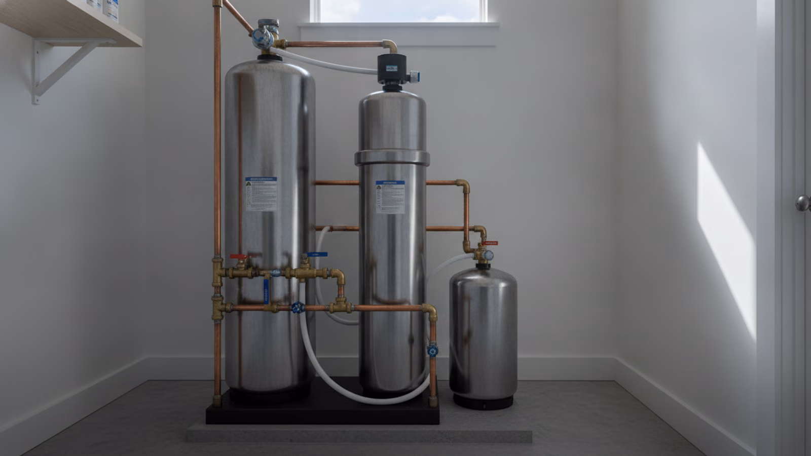 Tidy utility room with a whole-house filter tank and water softener side by side