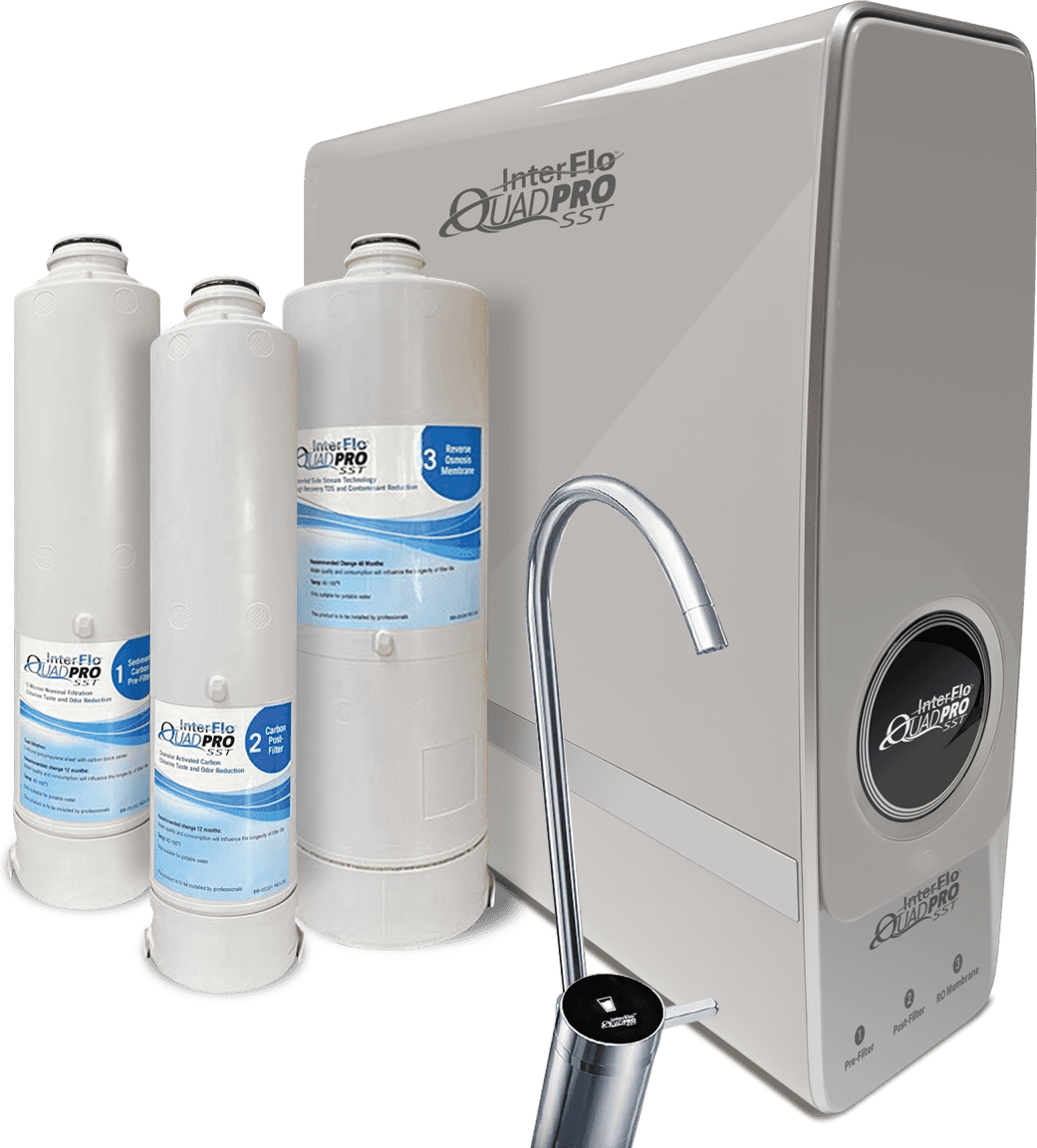 WaterCare InterFlo QuadPro SST tankless reverse osmosis system with its cartridges