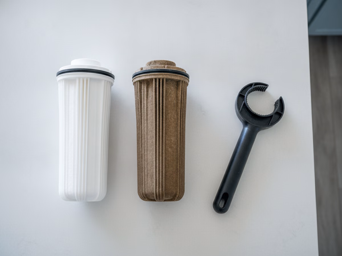 New white filter cartridge beside a spent brown one with a housing wrench
