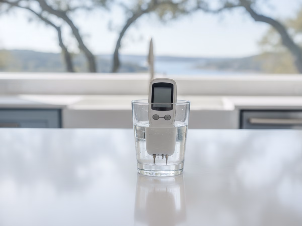 Handheld TDS meter resting in a glass of water